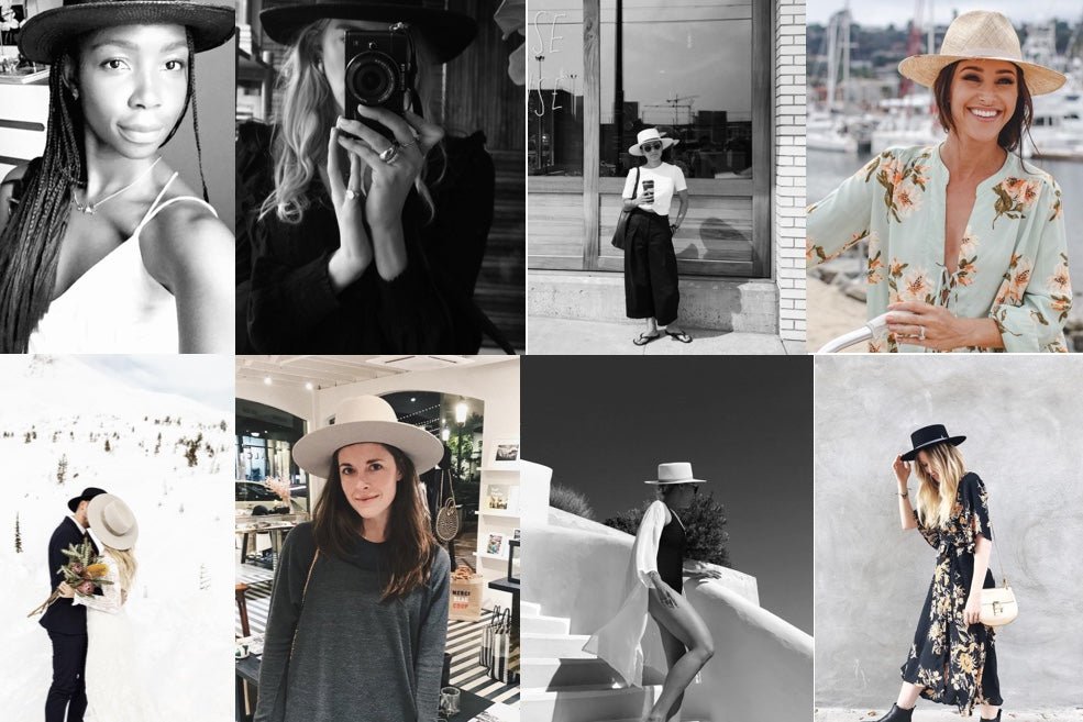 Collage of women wearing modern designer straw hats