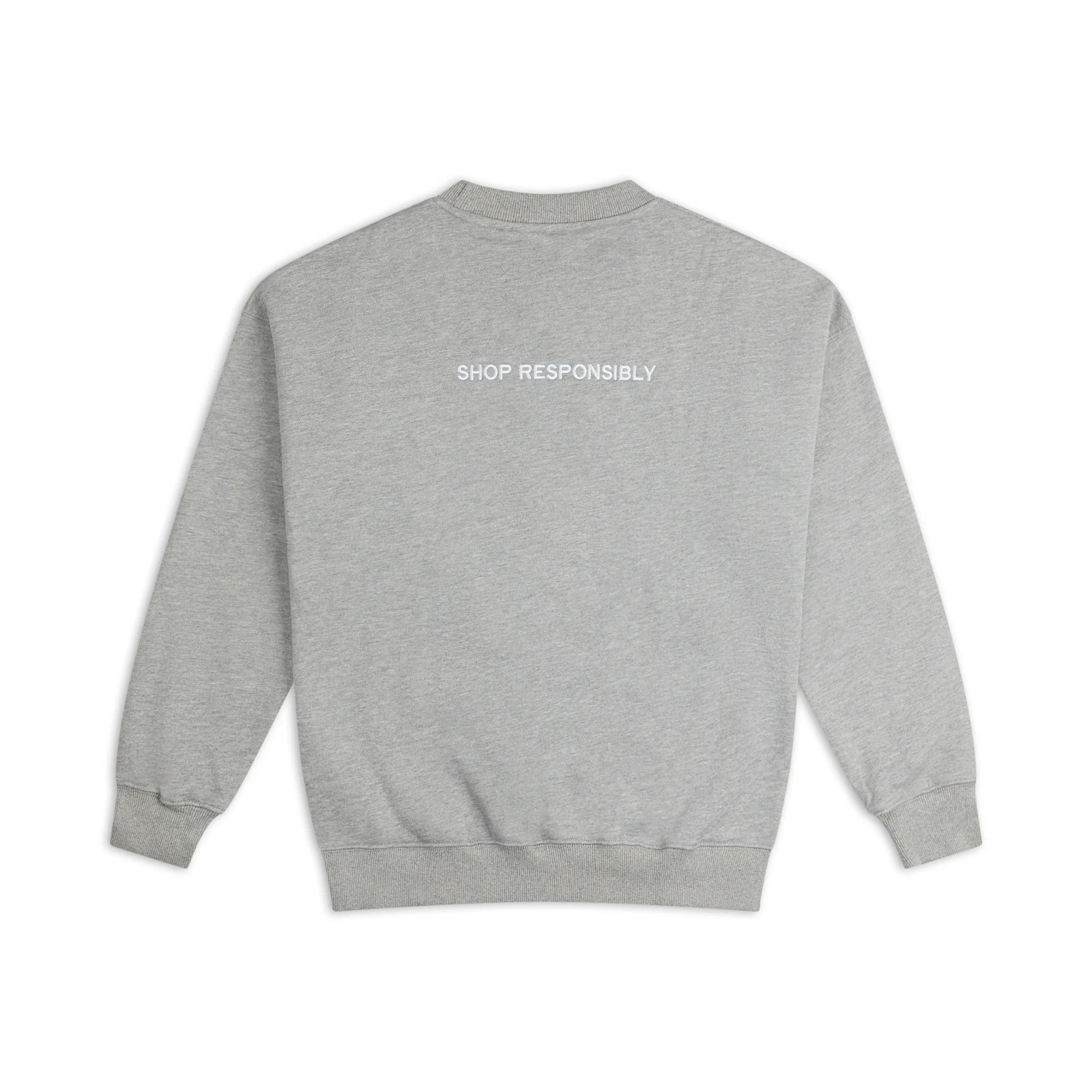 Gray sweatshirt with 'Shop Responsibly' text on the back against a white background