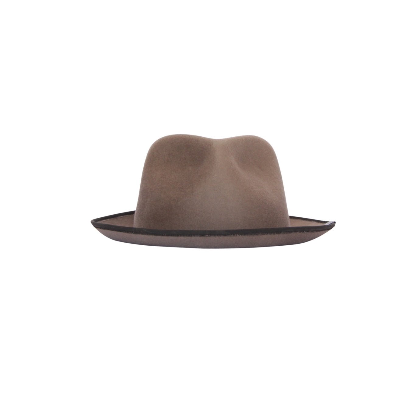 Brown wool felt hat with small brim and a dark accent rim