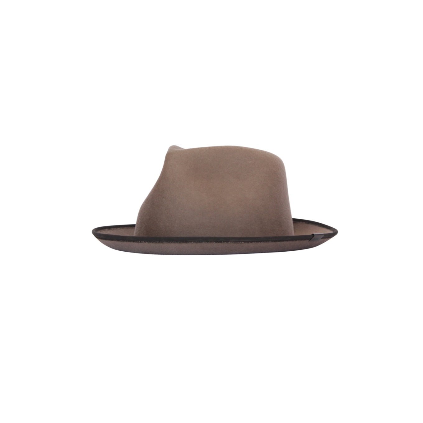 Brown wool felt hat with small brim and a dark accent rim