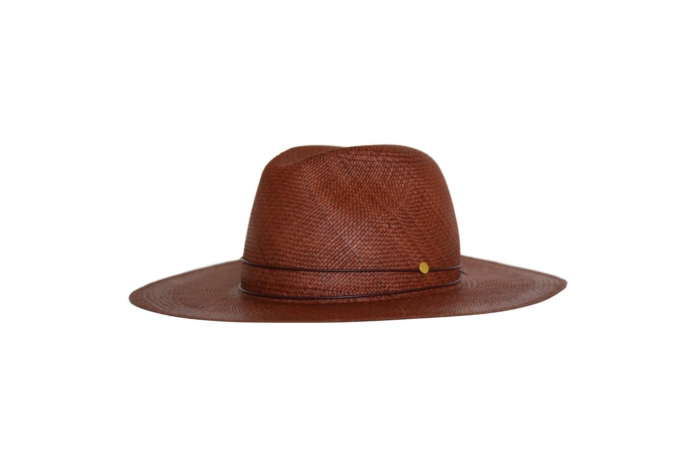 Brown-stained Panama straw hat with chin strap and long brim
