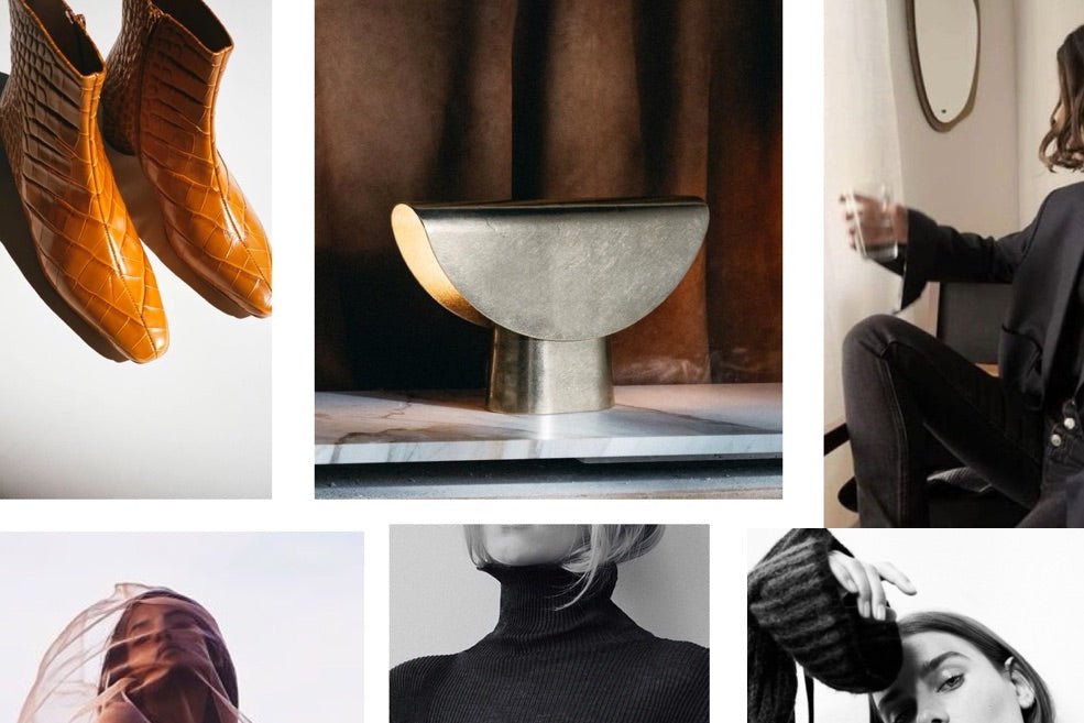 Aesthetic collage of models' brown boots and  brass lamp