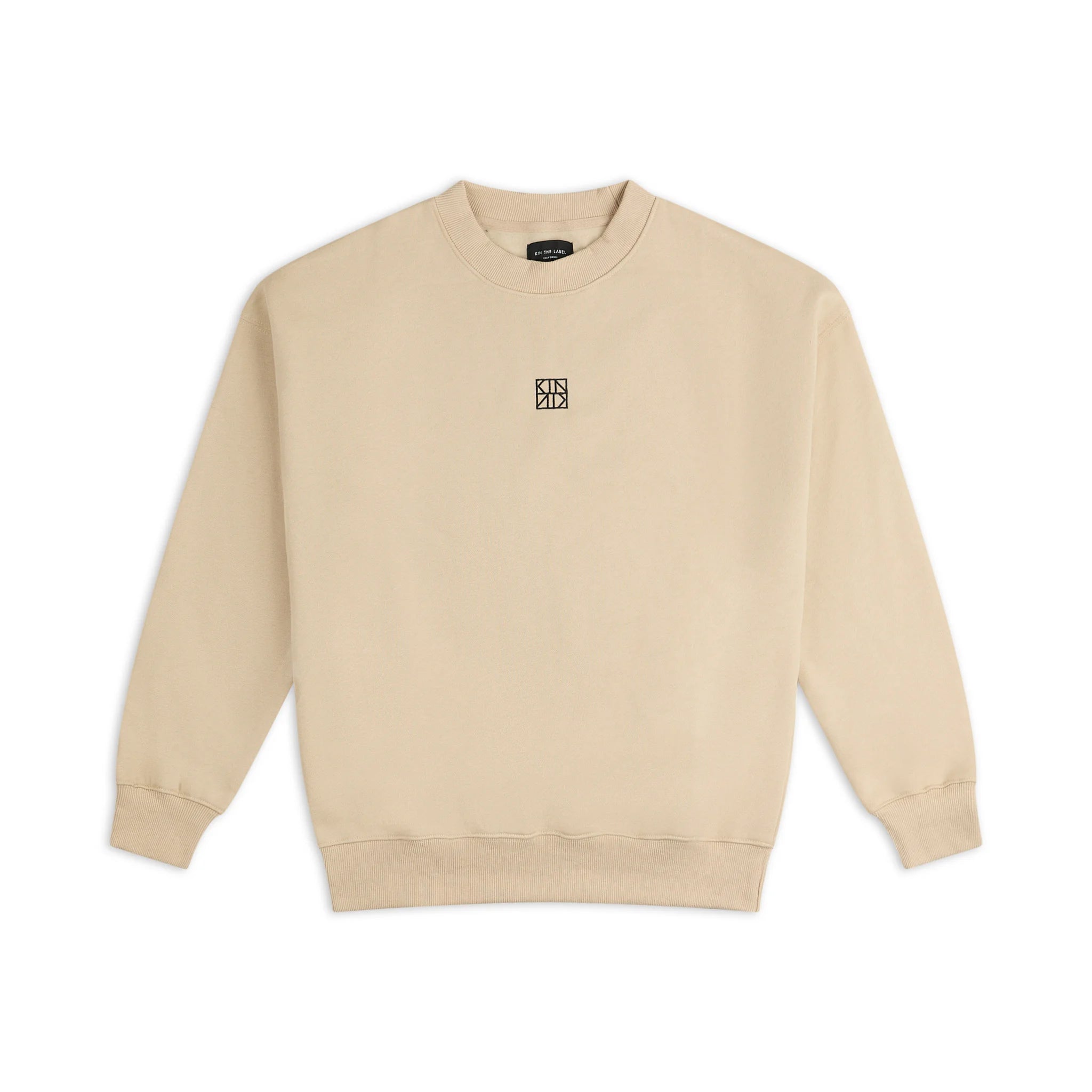 Beige sweatshirt with a small logo on a white background