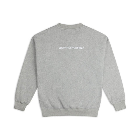 Gray sweatshirt with 'Shop Responsibly' text on the back against a white background