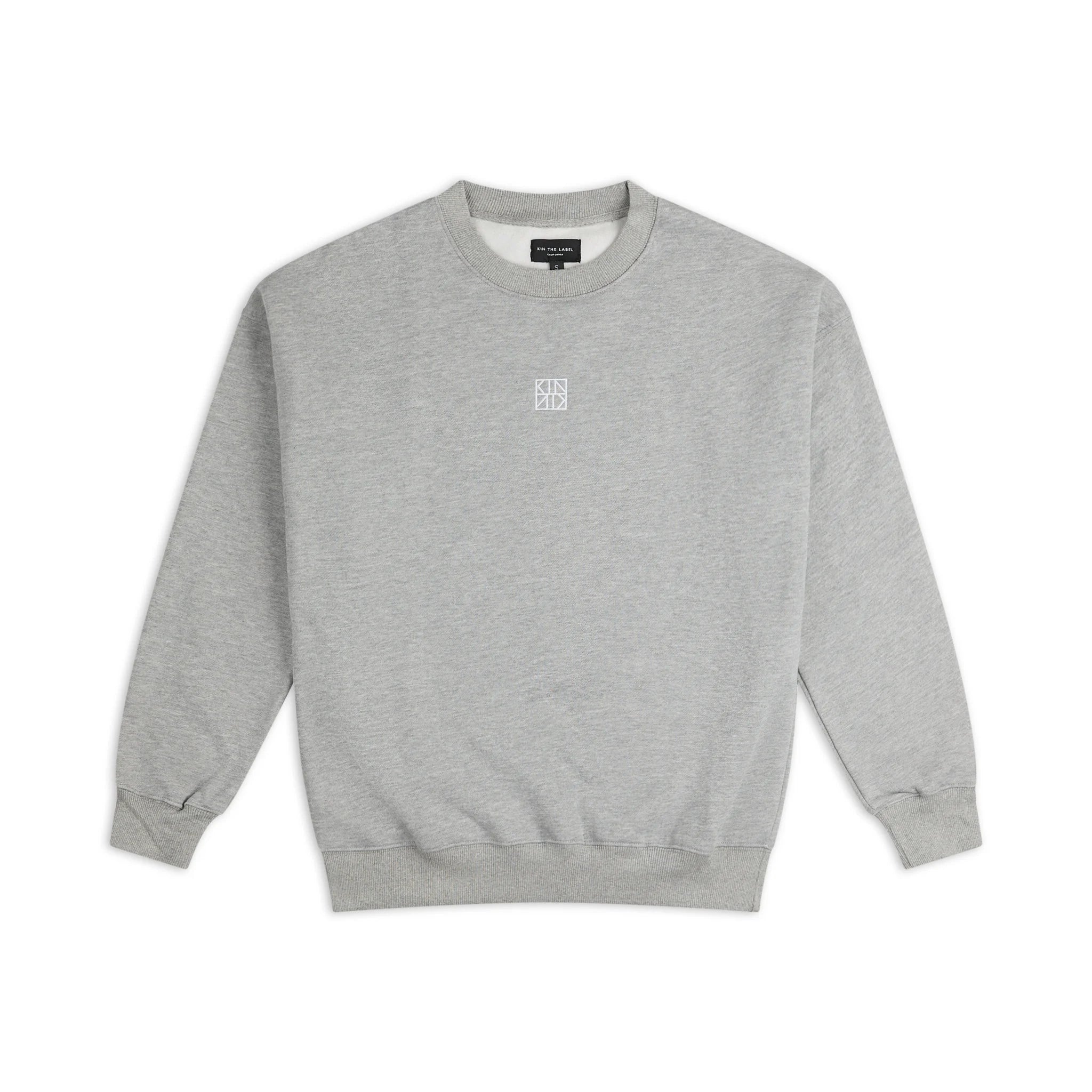 Gray sweatshirt with a small logo on a white background